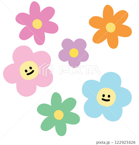 Happy pastel flowers illustration for floral print, cartoon character, spring, summer, nature, garden, plants, tree, blossom, blooming, fabric print, sticker, picnic, park, house yard, environment	 122925826