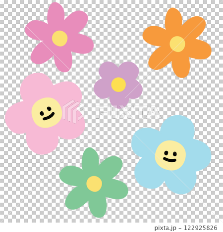 Happy pastel flowers illustration for floral print, cartoon character, spring, summer, nature, garden, plants, tree, blossom, blooming, fabric print, sticker, picnic, park, house yard, environment	 122925826