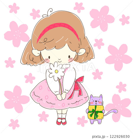 プレゼントの白い花を持つピンク色のワンピースの女の子と猫 背景桜 プレゼントの白い花を持つピンク色のワンピースの女の子と猫 背景桜 122926030