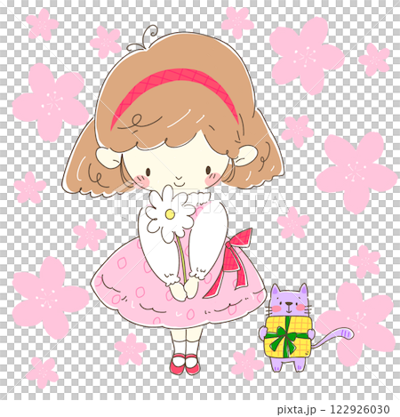 A girl and cat in a pink dress holding a white flower as a gift, background: cherry blossoms A girl and cat in a pink dress holding a white flower as a gift, background: cherry blossoms 122926030