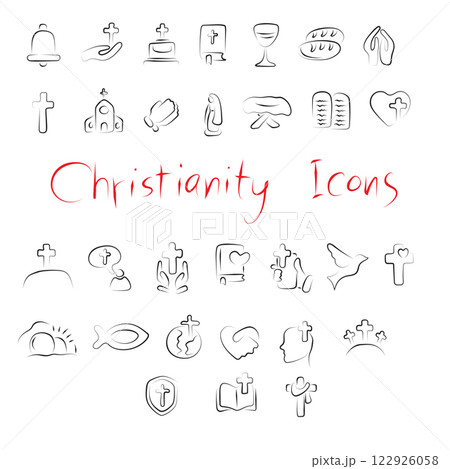 Christian religion line icon set illustration vector hand drawn with black lines isolated on white background 122926058