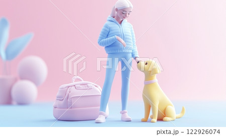 Woman Petting Dog Minimalistic 3D soft illustration. 122926074