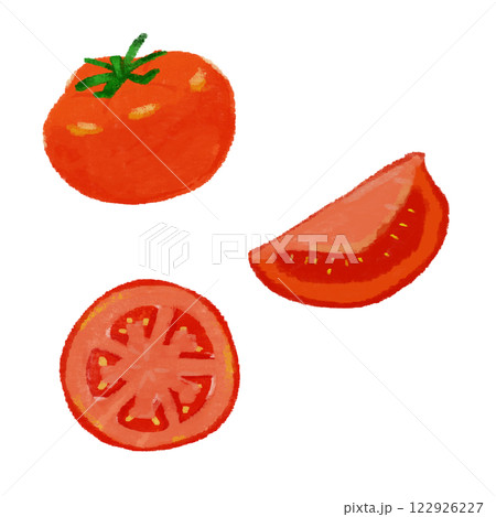 トマトの様々な切り方の手描きカラーイラストセット 122926227