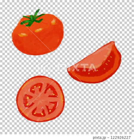 トマトの様々な切り方の手描きカラーイラストセット 122926227