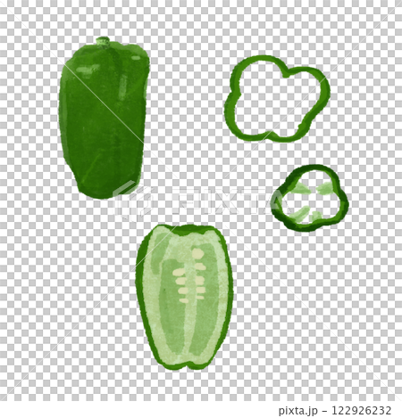 ピーマンの様々な切り方の手描きカラーイラストセット 122926232