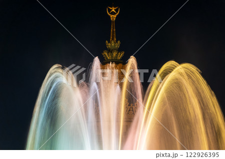 Fountain Stone Flower at VDNKH park in Moscow at night, popular landmark. 122926395