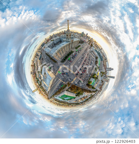 Yekaterinburg City Administration or City Hall and Central square at summer evening. Evening city in the summer sunset, Aerial View. Little planet sphere mode. 122926403