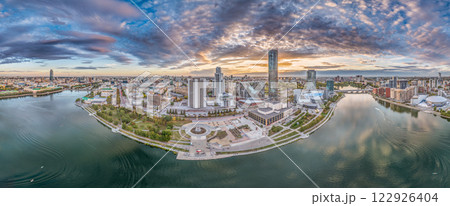 Yekaterinburg city and pond aerial panoramic view at summer or early autumn sunset. Night city in the early autumn or summer. 122926404