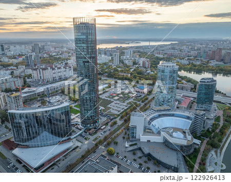 Yekaterinburg city with Buildings of Regional Government and Parliament, Dramatic Theatre, Iset Tower, Yeltsin Center, panoramic view at summer sunset. 122926413