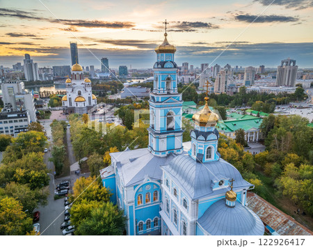 Autumn Yekaterinburg, Temple of the Ascension and Temple on Blood in beautiful clear sunset. 122926417