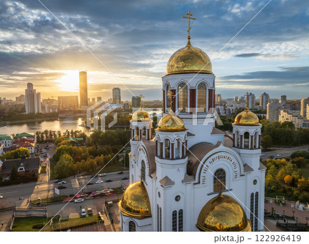 Autumn Yekaterinburg and Temple on Blood in beautiful clear sunset. Aerial view of Yekaterinburg, Russia. Translation of the text on the temple: Honest to the Lord is the death of His saints. 122926419