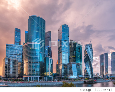 High buildings of Moscow-City at Moskva River at summer sunset, Russia. 122926741