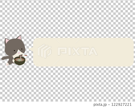 A smiling cat eating soba noodles. With speech bubble A smiling cat eating soba noodles. With speech bubble 122927221