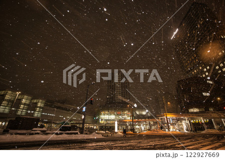 吹雪の福井県庁お堀と福井駅の恐竜たち 122927669