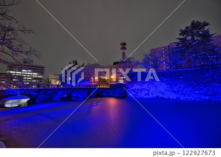 吹雪の福井県庁お堀と福井駅の恐竜たち 122927673