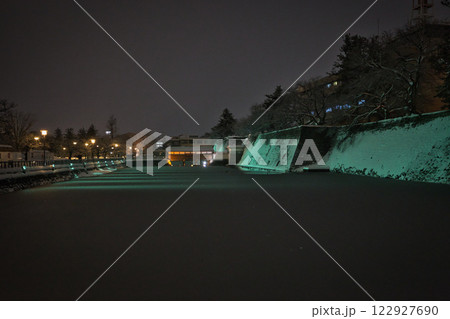 吹雪の福井県庁お堀と福井駅の恐竜たち 122927690
