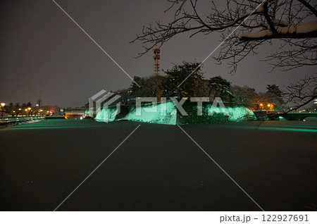 吹雪の福井県庁お堀と福井駅の恐竜たち 122927691