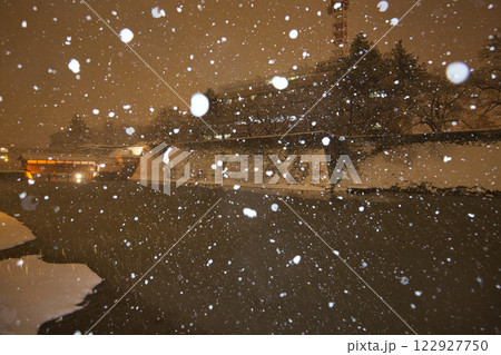 吹雪の福井県庁お堀と福井駅の恐竜たち 122927750