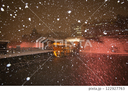 吹雪の福井県庁お堀と福井駅の恐竜たち 122927763