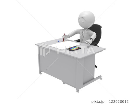 色鉛筆を持って紙に絵を書く、机の前のビジネスマン 122928012