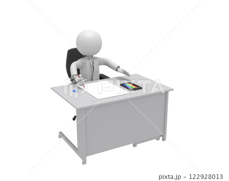 色鉛筆を持って紙に絵を書く、机の前のビジネスマン 122928013