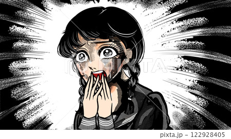 昭和ホラー漫画風叫ぶ女子高生美少女の戦慄するイラスト 昭和ホラー漫画風叫ぶ女子高生美少女の戦慄するイラスト 122928405