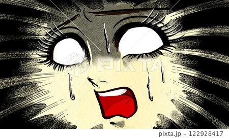 昭和レトロ風のホラー漫画に登場する絶叫して白目になる少女のドアップ顔 122928417