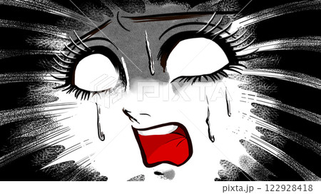 昭和レトロ風のホラー漫画に登場する絶叫して白目になる少女のドアップ顔 昭和レトロ風のホラー漫画に登場する絶叫して白目になる少女のドアップ顔 122928418