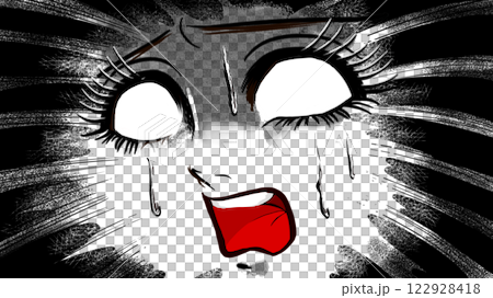 昭和レトロ風のホラー漫画に登場する絶叫して白目になる少女のドアップ顔 昭和レトロ風のホラー漫画に登場する絶叫して白目になる少女のドアップ顔 122928418