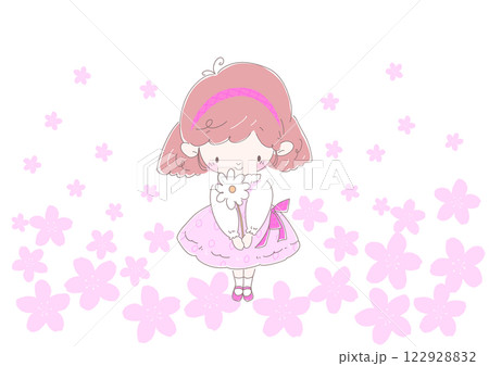 プレゼントの白い花を持つピンク色のワンピースの女の子　背景桜 122928832