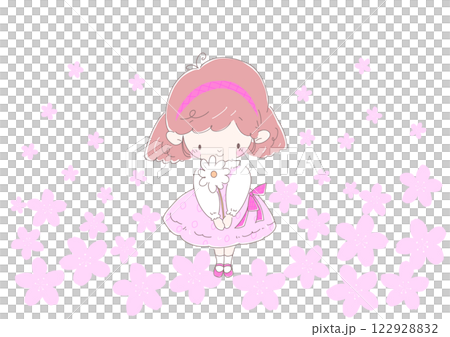 プレゼントの白い花を持つピンク色のワンピースの女の子　背景桜 122928832