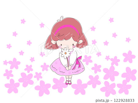 プレゼントの白い花を持つピンク色のワンピースの女の子　背景桜 122928833