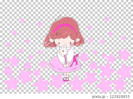 プレゼントの白い花を持つピンク色のワンピースの女の子　背景桜 122928833