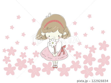 プレゼントの白い花を持つピンク色のワンピースの女の子　背景桜 122928834