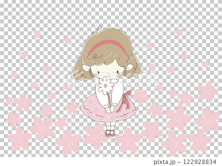 プレゼントの白い花を持つピンク色のワンピースの女の子　背景桜 122928834