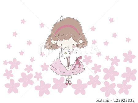 プレゼントの白い花を持つピンク色のワンピースの女の子　背景桜 122928835