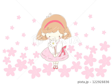 プレゼントの白い花を持つピンク色のワンピースの女の子　背景桜 122928836