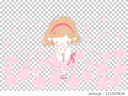 プレゼントの白い花を持つピンク色のワンピースの女の子　背景桜 122928836