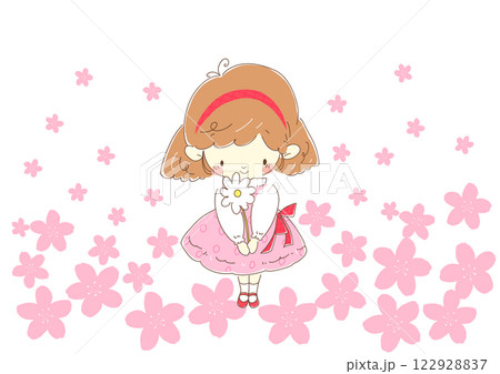 プレゼントの白い花を持つピンク色のワンピースの女の子　背景桜 122928837