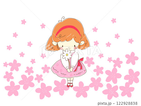 プレゼントの白い花を持つピンク色のワンピースの女の子　背景桜 122928838