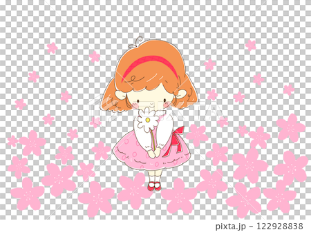 プレゼントの白い花を持つピンク色のワンピースの女の子　背景桜 122928838
