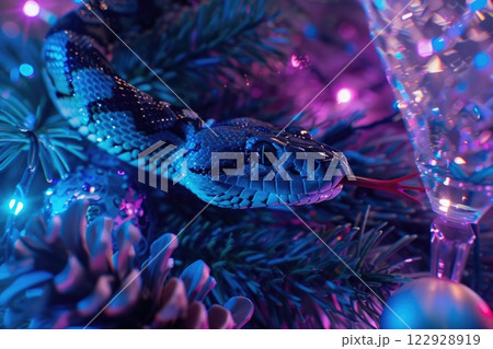 Ai generated Snake symbol of 2025 year with Christmas tree branches with garland background. 122928919