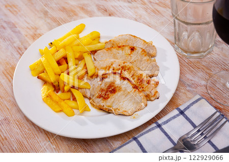 Fried barbecue pork meat with baked potato Fried barbecue pork meat with baked potato 122929066