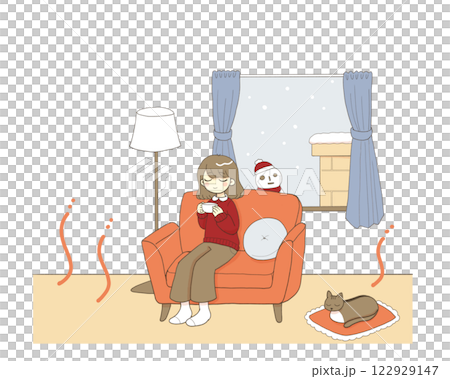 暖かい部屋で猫とくつろぐ女性 122929147