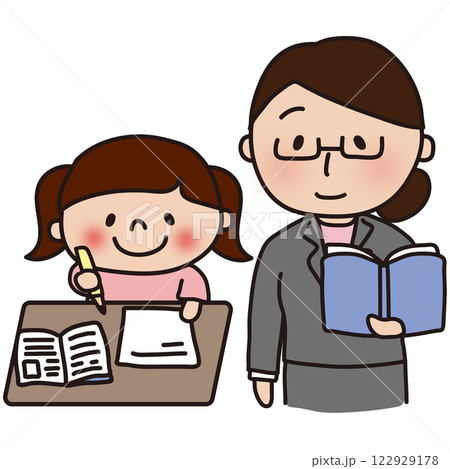 勉強する女の子を見守る眼鏡をかけた女性教師 122929178
