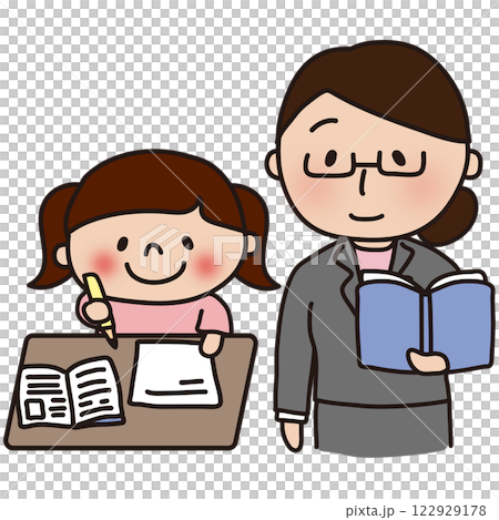 勉強する女の子を見守る眼鏡をかけた女性教師 122929178