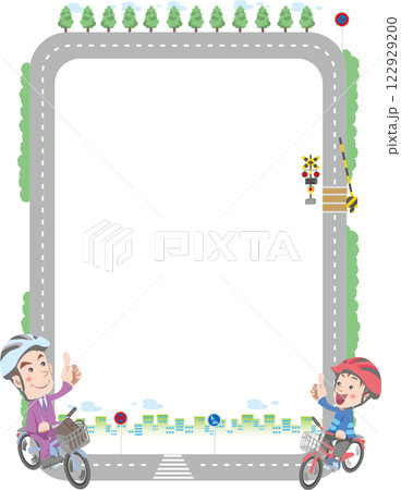 交通安全＜街の道路のイメージのフレーム・自転車・踏切など・縦位置＞ 122929200