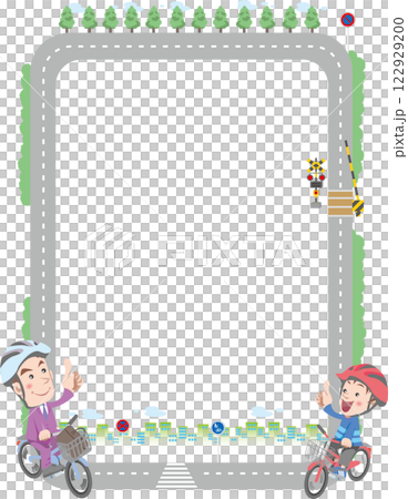 交通安全＜街の道路のイメージのフレーム・自転車・踏切など・縦位置＞ 122929200