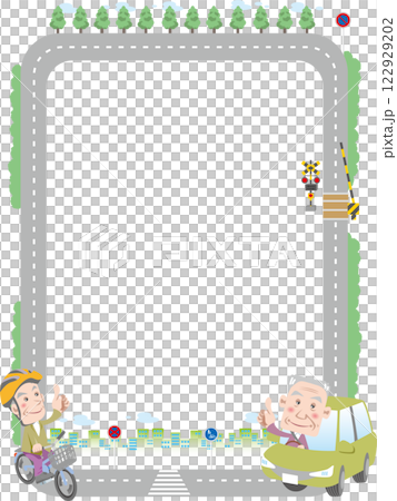 Traffic safety <Image of city roads, elderly frame, cars, bicycles, railroad crossings, etc., vertical position> 122929202