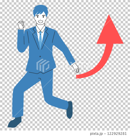 Illustration of a running businessman and an upward arrow Illustration of a running businessman and an upward arrow 122929281